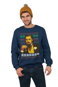 Leo Funny Laughing Meme Christmas Sweatshirt Navy Blue