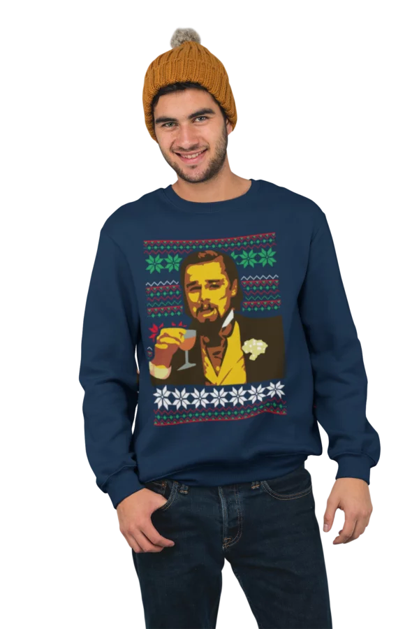 Leo Funny Laughing Meme Christmas Sweatshirt Navy Blue